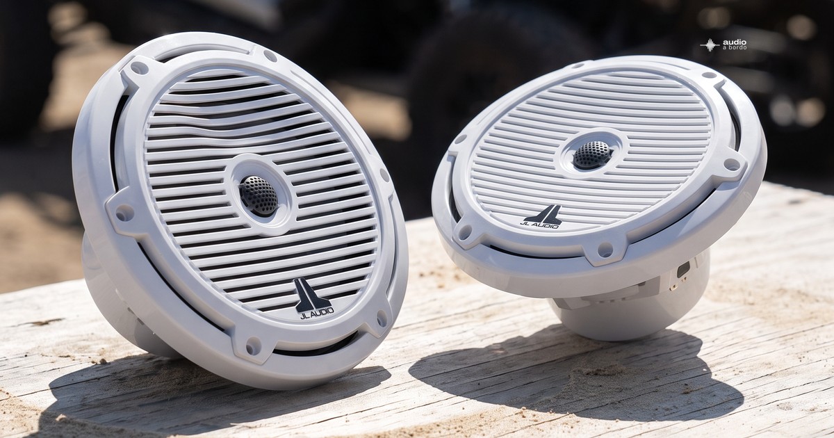 Par de bocinas marinas JL Audio M3-770X de 7.7 pulgadas sobre una tabla, con un Polaris RZR blanco desenfocado al fondo